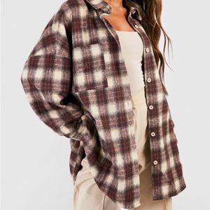oversized beige brown plaid flannel button down shirt